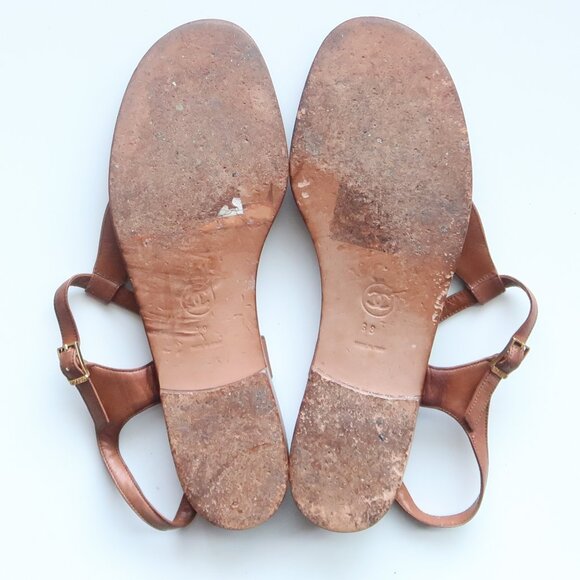 Chanel Brown Leather T-Strap Sandals Rare Minimalist Designer Summer Flats Shoes - Picture 7 of 16
